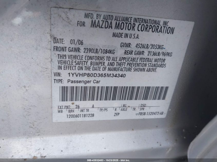 2006 Mazda Mazda6 S VIN: 1YVHP80D365M34340 Lot: 43532453