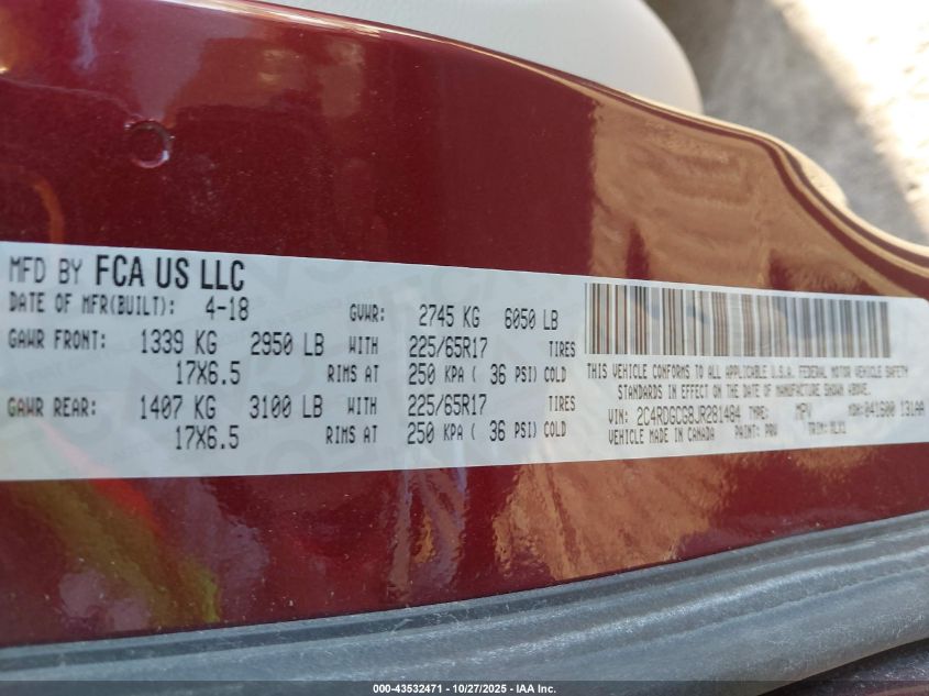 2018 Dodge Grand Caravan Sxt VIN: 2C4RDGCG8JR281484 Lot: 43532471