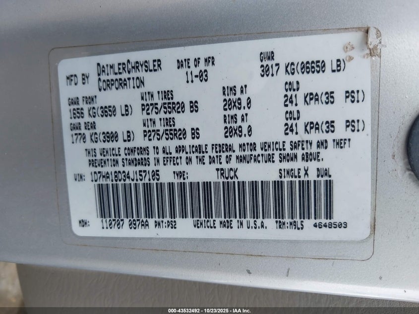 2004 Dodge Ram 1500 Slt/Laramie VIN: 1D7HA18D34J157105 Lot: 43532492
