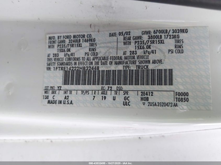 2002 Ford E-150 Commercial/Recreational VIN: 1FTRE14222HB32448 Lot: 43532499