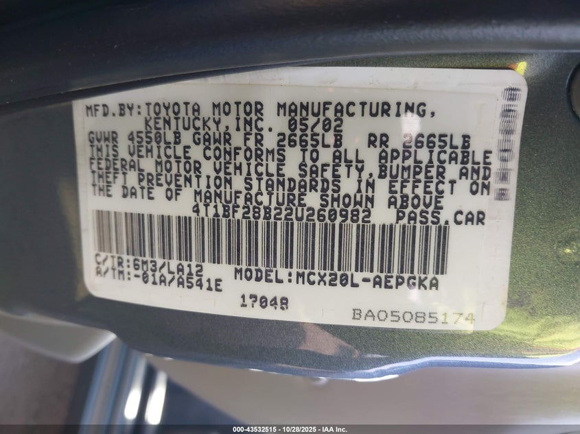 2002 Toyota Avalon Xls VIN: 4T1BF28B22U260982 Lot: 43532515