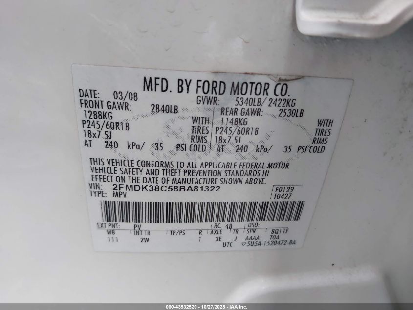 2008 Ford Edge Sel VIN: 2FMDK38C58BA81322 Lot: 43532520