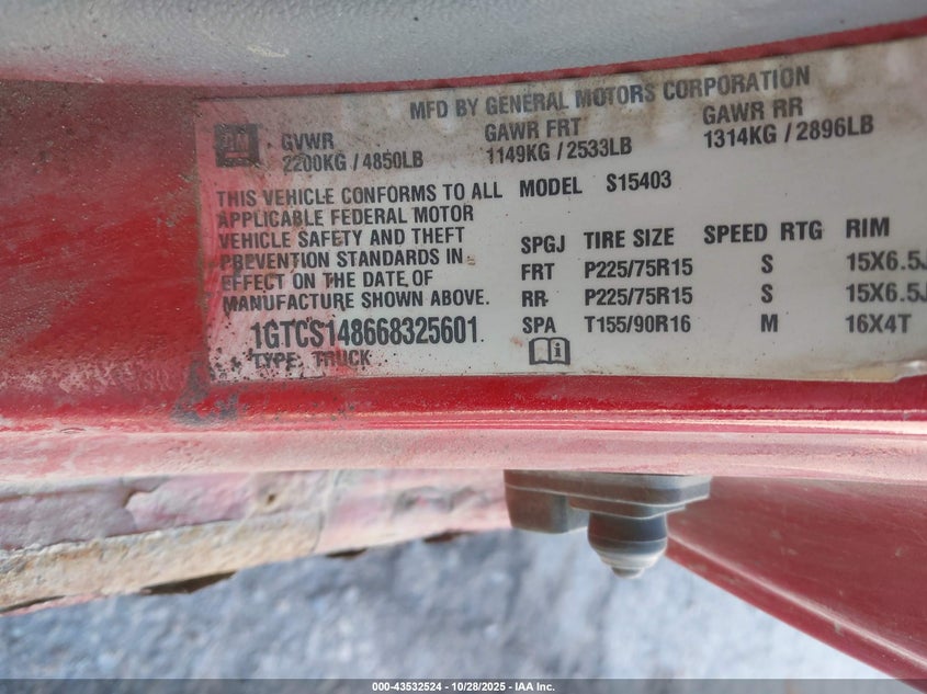 2006 GMC Canyon Sl VIN: 1GTCS148668325601 Lot: 43532524