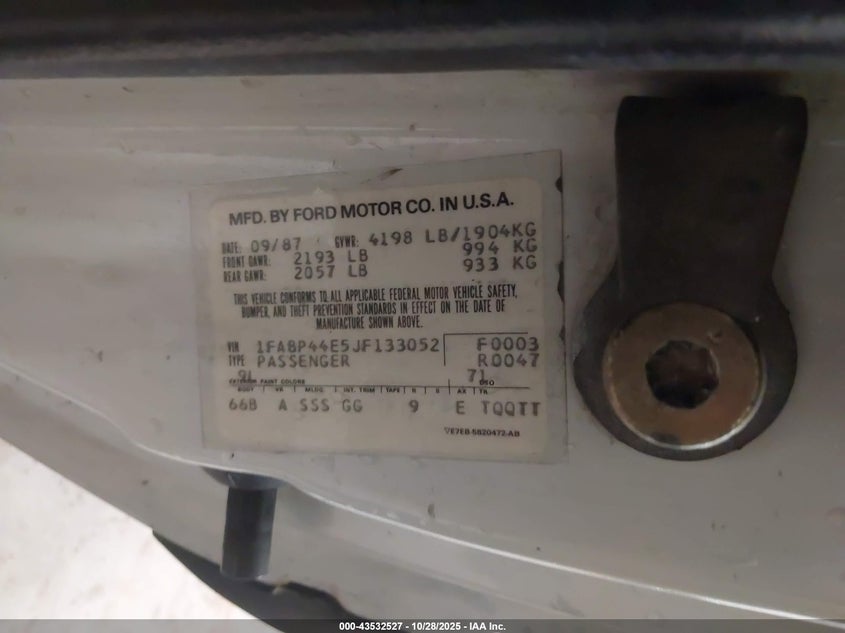 1988 Ford Mustang Lx VIN: 1FABP44E5JF166052 Lot: 43532527