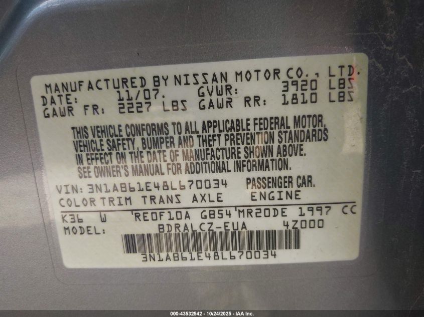 2008 Nissan Sentra 2.0 VIN: 3N1AB61E48L670034 Lot: 43532542