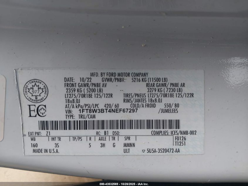 2022 Ford F-350 Xlt VIN: 1FT8W3BT4NEF67297 Lot: 43532569