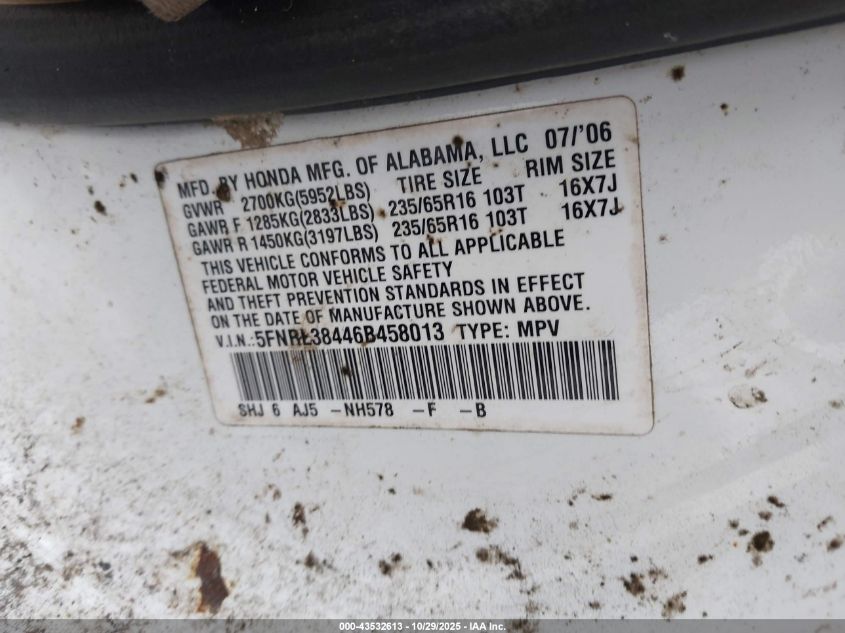 2006 Honda Odyssey Ex VIN: 5FNRL38446B458013 Lot: 43532613