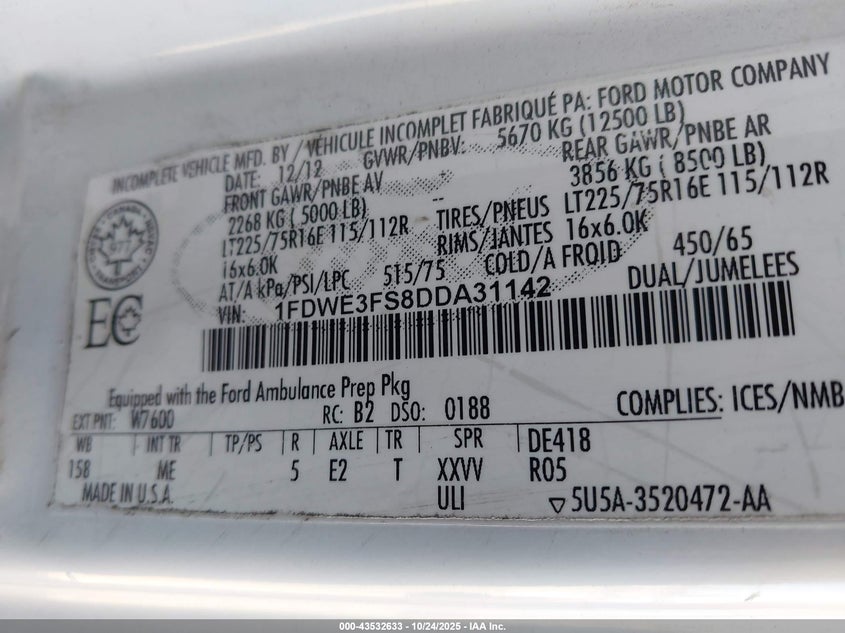 2013 Ford E-350 Cutaway VIN: 1FDWE3FS8DDA31142 Lot: 43532633