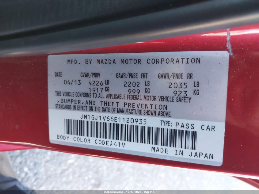 2014 Mazda Mazda6 I Touring VIN: JM1GJ1V66E1120935 Lot: 43532646