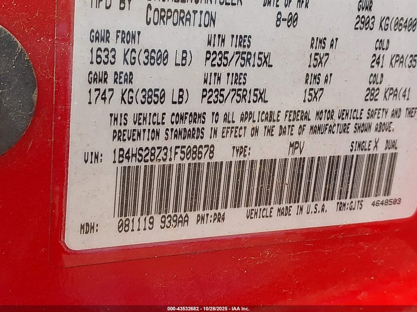 2001 Dodge Durango VIN: 1B4HS28Z31F508678 Lot: 43532682