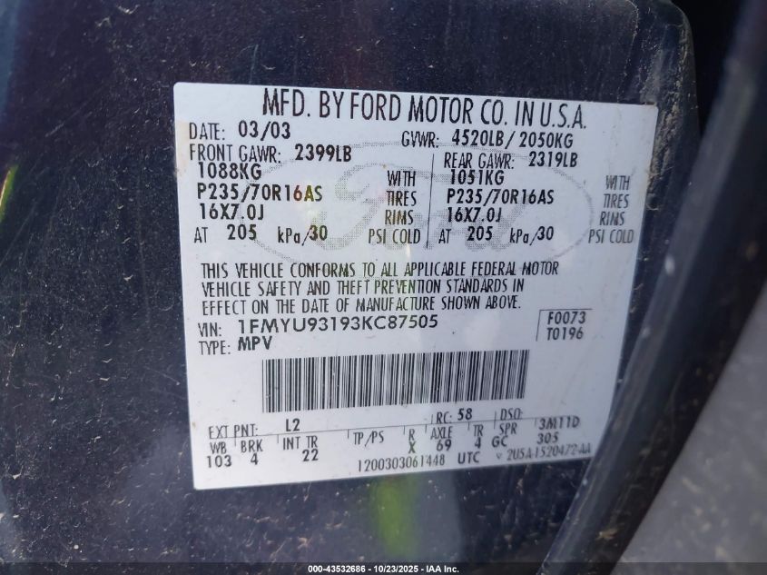 2003 Ford Escape Xlt VIN: 1FMYU93193KC87505 Lot: 43532686