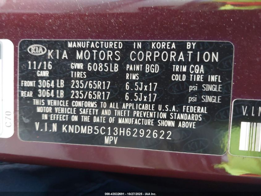 2017 Kia Sedona Lx VIN: KNDMB5C13H6292622 Lot: 43532691