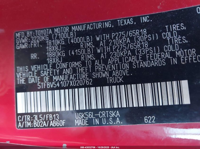 2007 Toyota Tundra Sr5 5.7L V8 VIN: 5TFBV54107X020762 Lot: 43532706