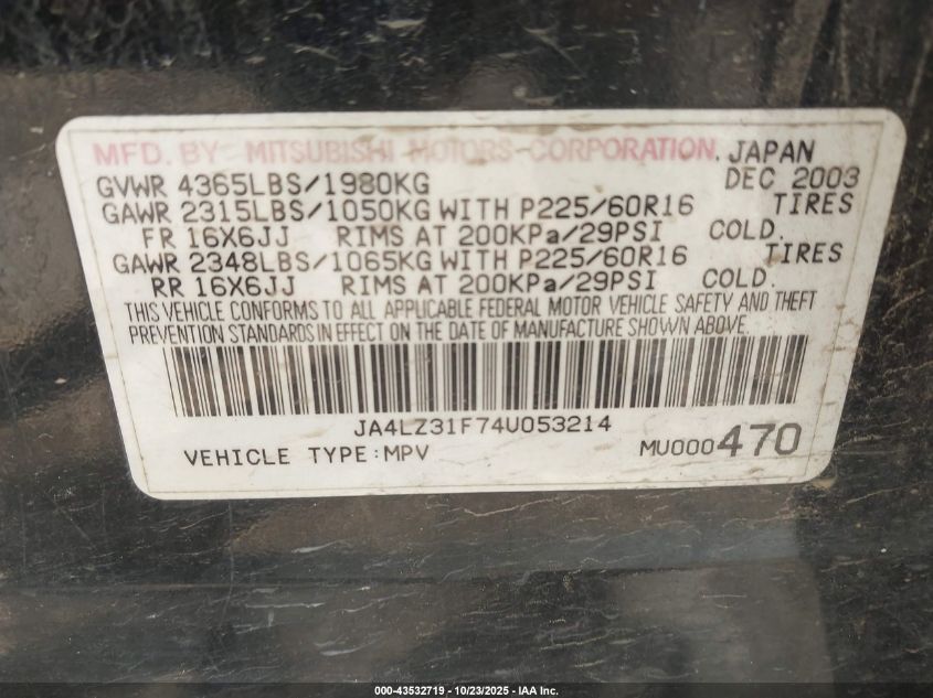2004 Mitsubishi Outlander Ls VIN: JA4LZ31F74U053214 Lot: 43532719