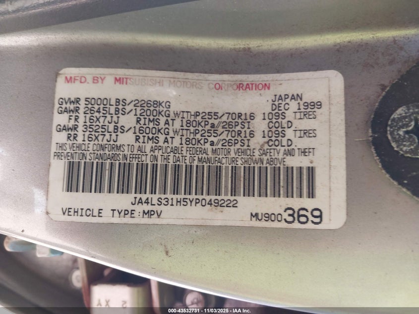 2000 Mitsubishi Montero Sport Ls/Xls VIN: JA4LS31H5YP049222 Lot: 43532731