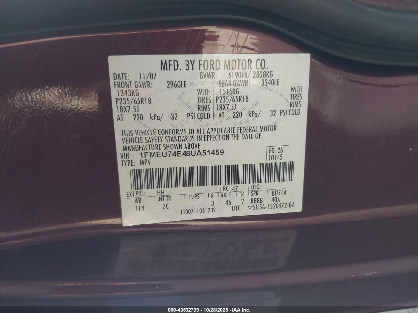 2008 Ford Explorer Eddie Bauer VIN: 1FMEU74E48UA51459 Lot: 43532739