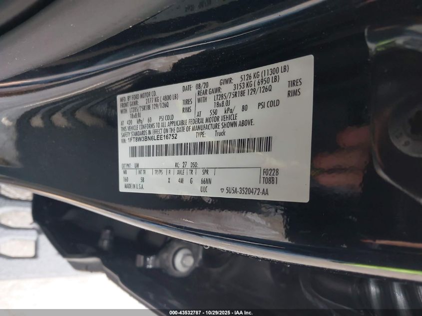 2020 Ford F-350 Lariat VIN: 1FT8W3BN6LEE16752 Lot: 43532787