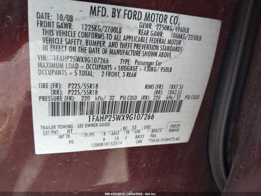 2009 Ford Taurus Limited VIN: 1FAHP25WX9G107266 Lot: 43532813