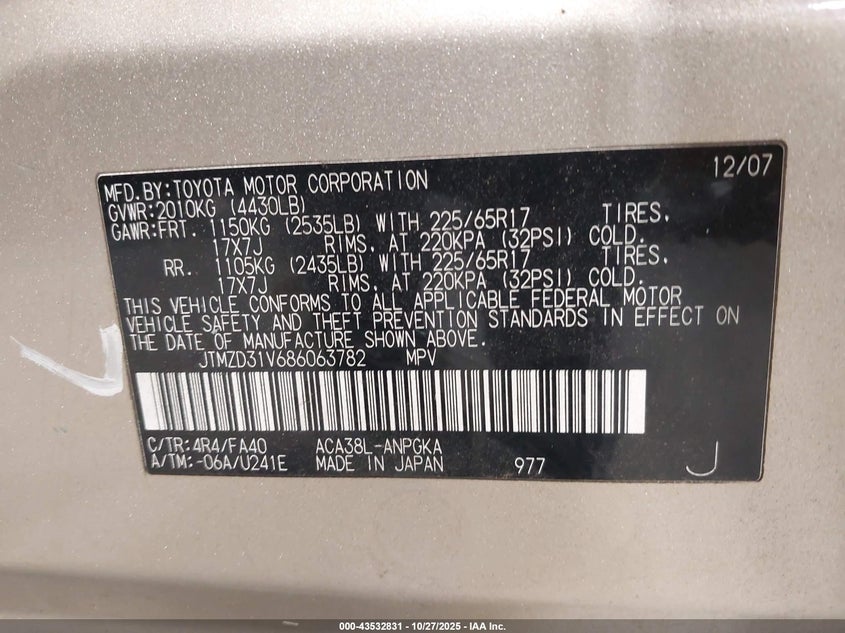 2008 Toyota Rav4 Limited VIN: JTMZD31V686063782 Lot: 43532831