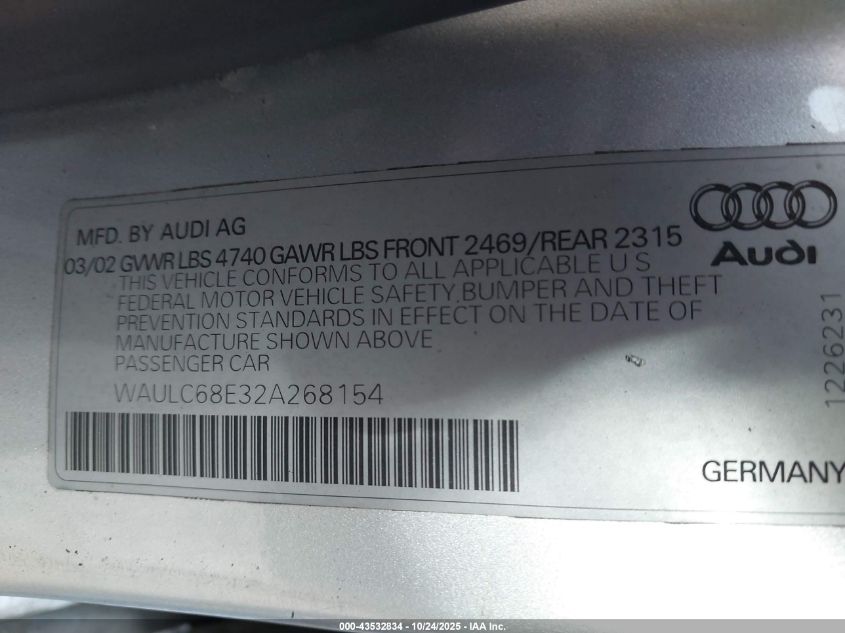 2002 Audi A4 1.8T VIN: WAULC68E32A268154 Lot: 43532834