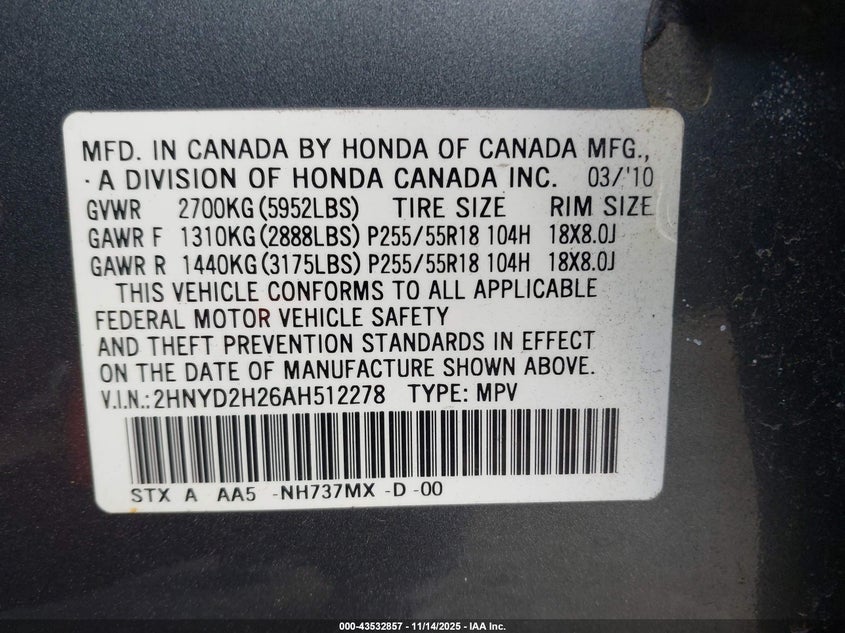 2010 Acura Mdx VIN: 2HNYD2H26AH512278 Lot: 43532857