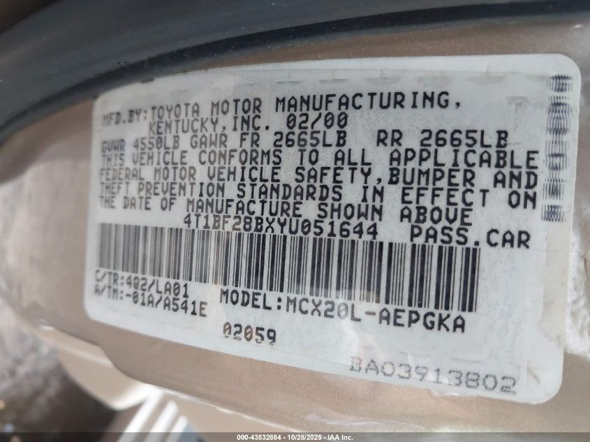 2000 Toyota Avalon Xls VIN: 4T1BF28BXYU051644 Lot: 43532884