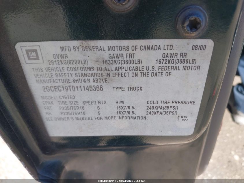 2001 Chevrolet Silverado 1500 Ls VIN: 2GCEC19T011145366 Lot: 43532910