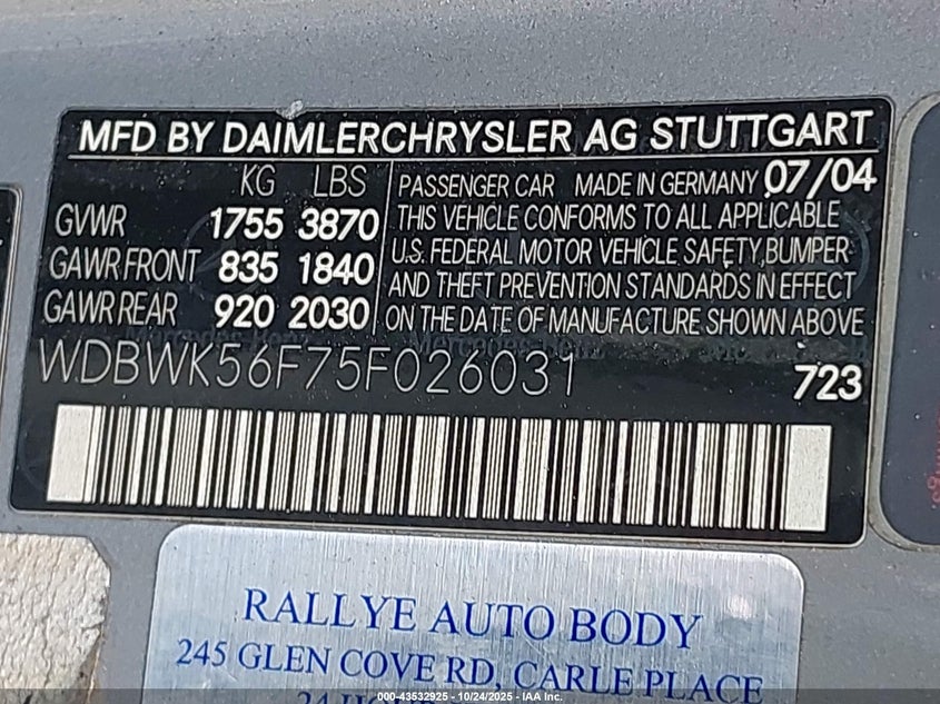 2005 Mercedes-Benz Slk 350 VIN: WDBWK56F75F026031 Lot: 43532925