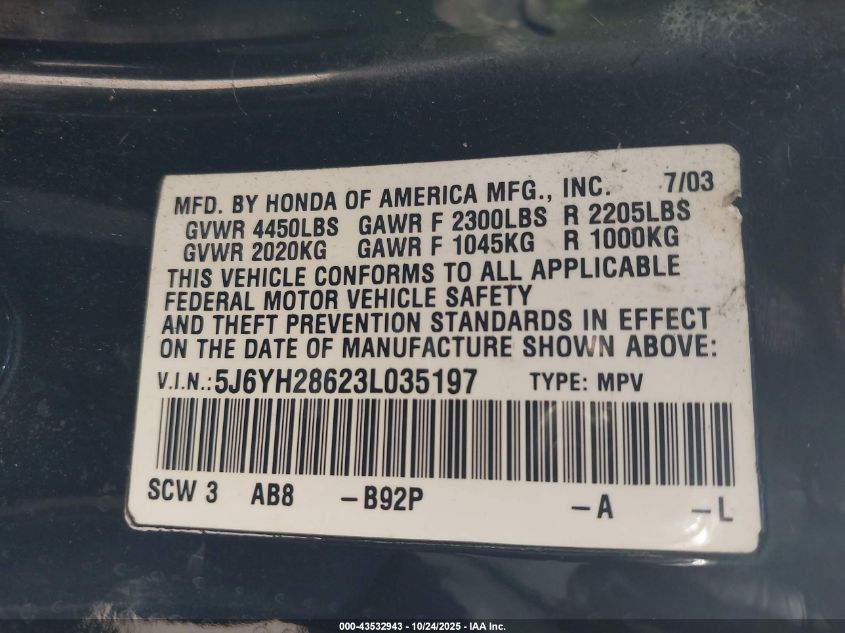 2003 Honda Element Ex VIN: 5J6YH28623L035197 Lot: 43532943