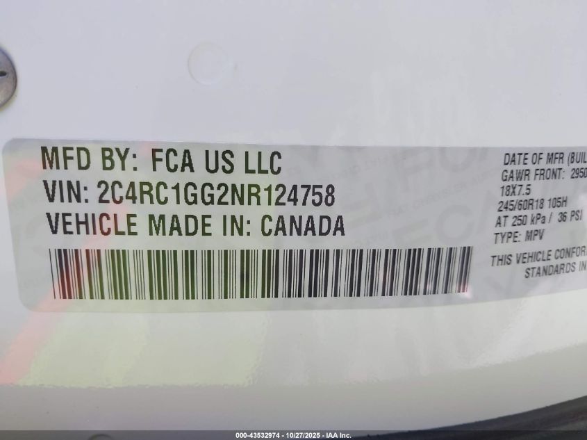 2022 Chrysler Pacifica Limited VIN: 2C4RC1GG2NR124758 Lot: 43532974