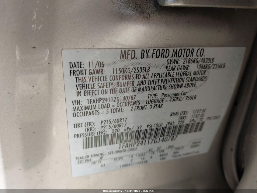 2007 Ford Five Hundred Sel VIN: 1FAHP24117G140787 Lot: 43533017