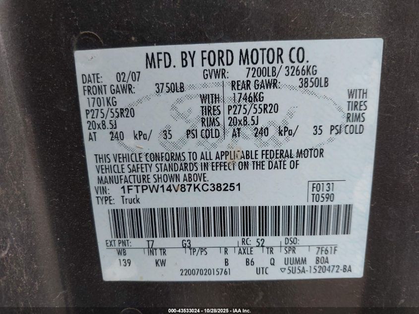 2007 Ford F-150 Fx4/Lariat/Xlt VIN: 1FTPW14V87KC38251 Lot: 43533024