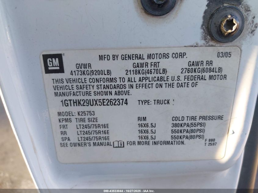 2005 GMC Sierra 2500Hd Work Truck VIN: 1GTHK29UX5E262374 Lot: 43533044