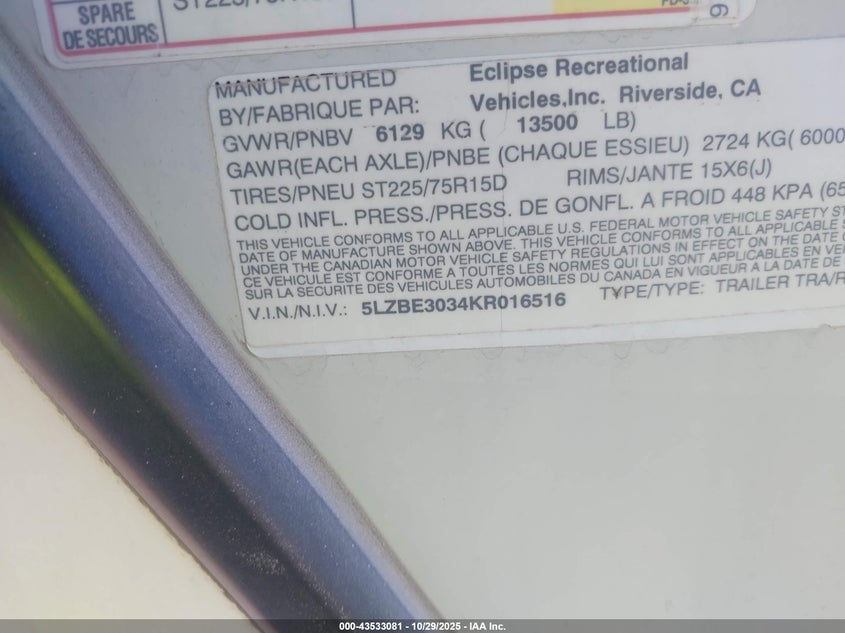 2018 Eclipse Attitude VIN: 5LZBE3034KR016516 Lot: 43533081