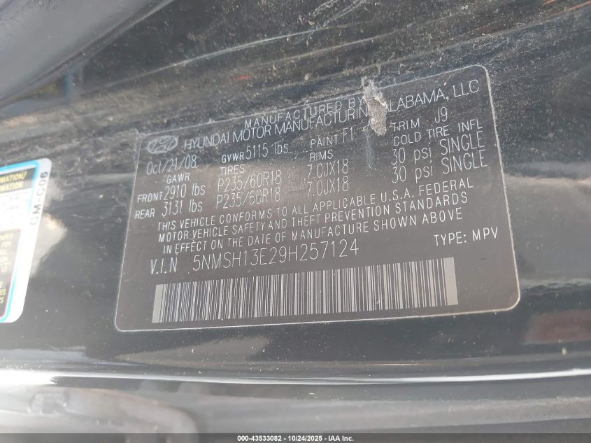 2009 Hyundai Santa Fe Se VIN: 5NMSH13E29H257124 Lot: 43533082