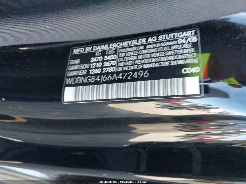 2006 Mercedes-Benz S 500 4Matic VIN: WDBNG84J66A472496 Lot: 43533102