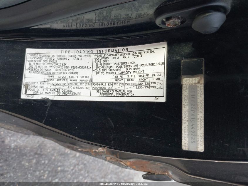 2001 Toyota Camry Solara Sle V6 VIN: 2T1FF22PX1C449725 Lot: 43533119