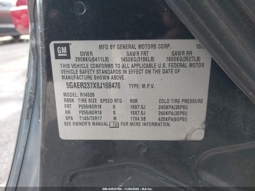 2008 Buick Enclave Cxl VIN: 5GAER237X8J168476 Lot: 43533164