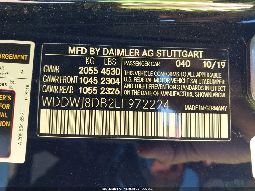 2020 Mercedes-Benz C 300 VIN: WDDWJ8DB2LF972224 Lot: 43533173