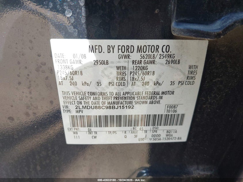 2008 Lincoln Mkx VIN: 2LMDU88C98BJ15192 Lot: 43533188