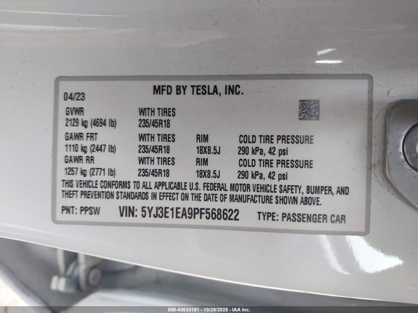 2023 Tesla Model 3 Rear-Wheel Drive VIN: 5YJ3E1EA9PF568622 Lot: 43533191