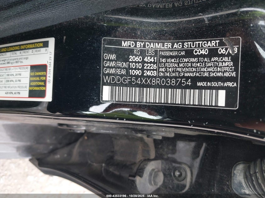 2008 Mercedes-Benz C 300 VIN: WDDGF54XX8R038754 Lot: 43533196