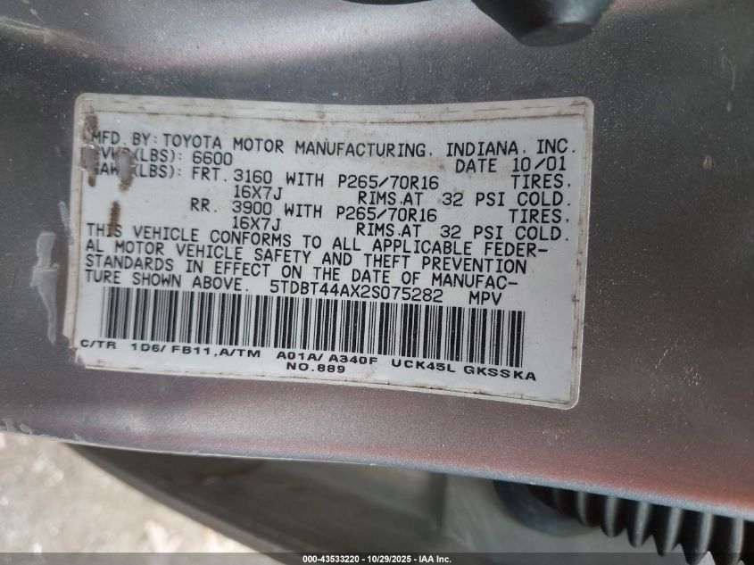 2002 Toyota Sequoia Sr5 V8 VIN: 5TDBT44AX2S075282 Lot: 43533220