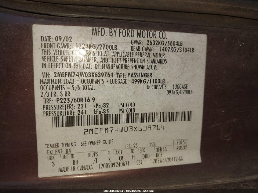 2003 Mercury Grand Marquis Gs VIN: 2MEFM74W03X639764 Lot: 43533234