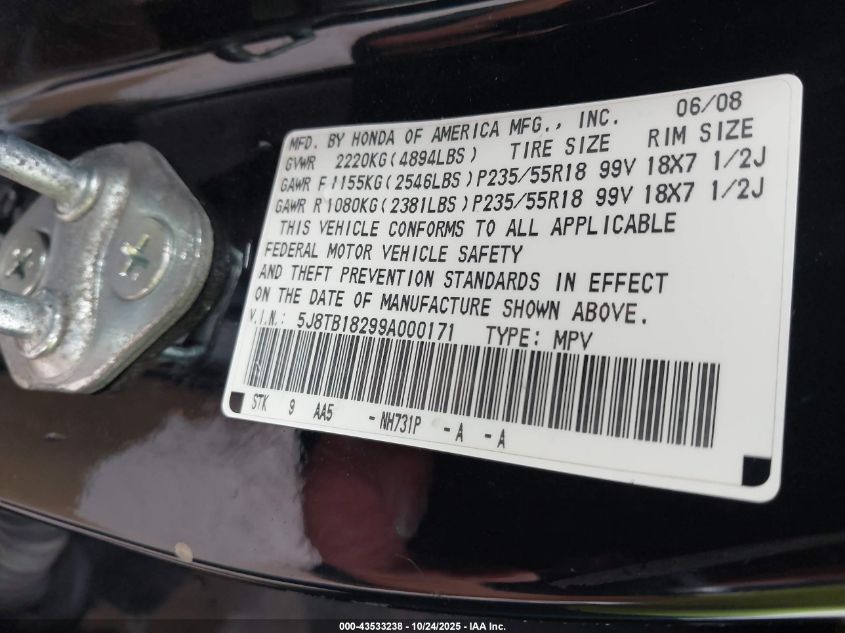 2009 Acura Rdx VIN: 5J8TB18299A000171 Lot: 43533238