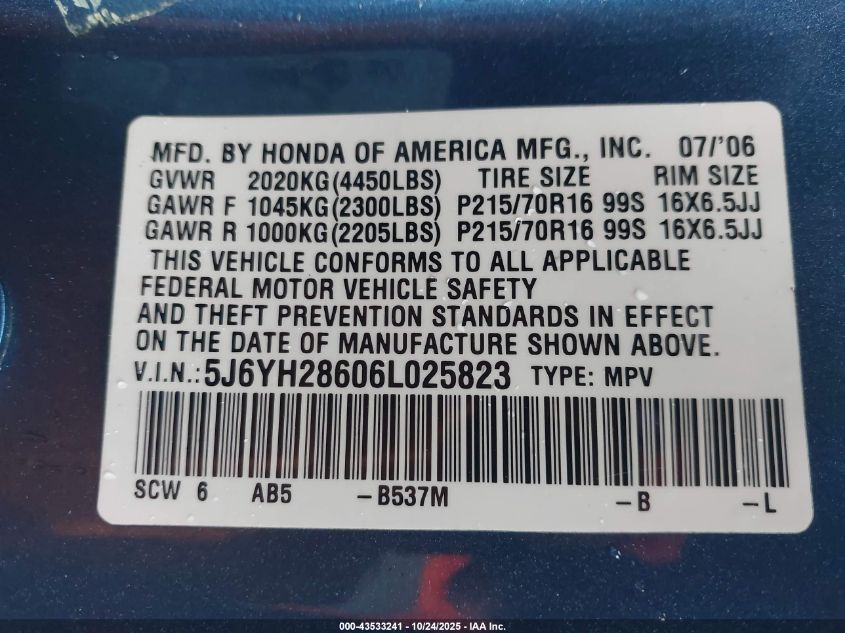 2006 Honda Element Ex VIN: 5J6YH28606L025823 Lot: 43533241