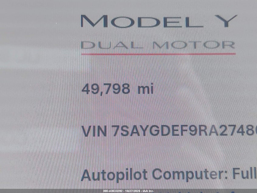 2024 Tesla Model Y Performance Dual Motor All-Wheel Drive VIN: 7SAYGDEF9RA274802 Lot: 43533292