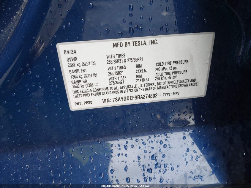 2024 Tesla Model Y Performance Dual Motor All-Wheel Drive VIN: 7SAYGDEF9RA274802 Lot: 43533292