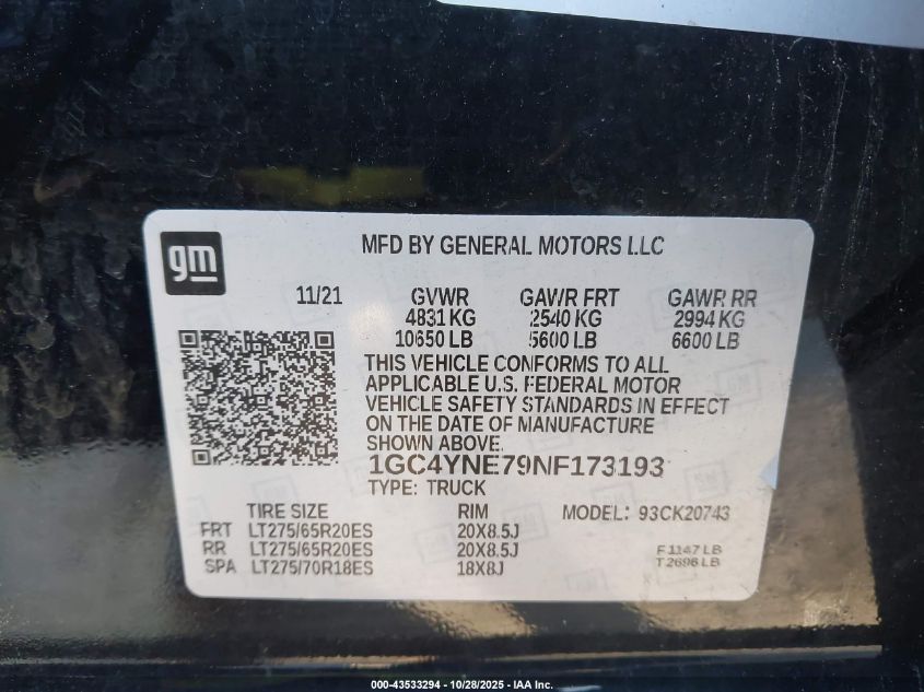 2022 Chevrolet Silverado 2500Hd 4Wd Standard Bed Lt VIN: 1GC4YNE79NF173193 Lot: 43533294