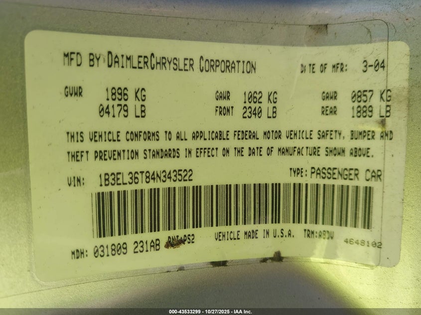 2004 Dodge Stratus Se VIN: 1B3EL36T84N343522 Lot: 43533299